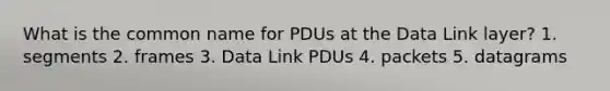 What is the common name for PDUs at the Data Link layer? 1. segments 2. frames 3. Data Link PDUs 4. packets 5. datagrams