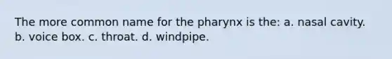 The more common name for the pharynx is the: a. nasal cavity. b. voice box. c. throat. d. windpipe.