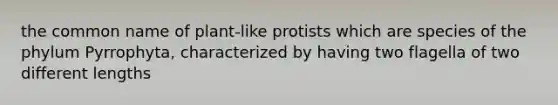 the common name of plant-like protists which are species of the phylum Pyrrophyta, characterized by having two flagella of two different lengths