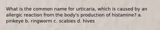 What is the common name for urticaria, which is caused by an allergic reaction from the body's production of histamine? a. pinkeye b. ringworm c. scabies d. hives