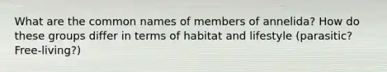 What are the common names of members of annelida? How do these groups differ in terms of habitat and lifestyle (parasitic? Free-living?)