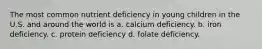 The most common nutrient deficiency in young children in the U.S. and around the world is a. calcium deficiency. b. iron deficiency. c. protein deficiency d. folate deficiency.