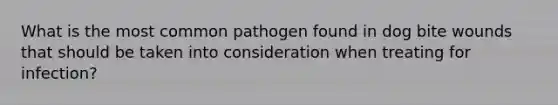 What is the most common pathogen found in dog bite wounds that should be taken into consideration when treating for infection?