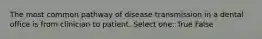 The most common pathway of disease transmission in a dental office is from clinician to patient. Select one: True False