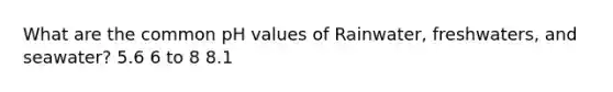 What are the common pH values of Rainwater, freshwaters, and seawater? 5.6 6 to 8 8.1