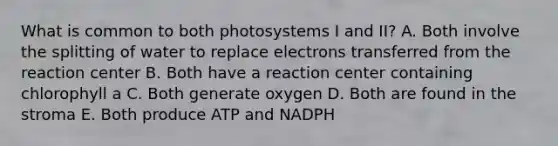 What is common to both photosystems I and II? A. Both involve the splitting of water to replace electrons transferred from the reaction center B. Both have a reaction center containing chlorophyll a C. Both generate oxygen D. Both are found in the stroma E. Both produce ATP and NADPH