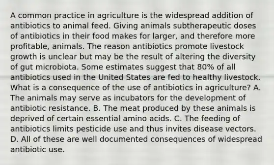 A common practice in agriculture is the widespread addition of antibiotics to animal feed. Giving animals subtherapeutic doses of antibiotics in their food makes for larger, and therefore more profitable, animals. The reason antibiotics promote livestock growth is unclear but may be the result of altering the diversity of gut microbiota. Some estimates suggest that 80% of all antibiotics used in the United States are fed to healthy livestock. What is a consequence of the use of antibiotics in agriculture? A. The animals may serve as incubators for the development of antibiotic resistance. B. The meat produced by these animals is deprived of certain essential amino acids. C. The feeding of antibiotics limits pesticide use and thus invites disease vectors. D. All of these are well documented consequences of widespread antibiotic use.