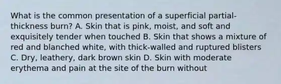 What is the common presentation of a superficial partial-thickness burn? A. Skin that is pink, moist, and soft and exquisitely tender when touched B. Skin that shows a mixture of red and blanched white, with thick-walled and ruptured blisters C. Dry, leathery, dark brown skin D. Skin with moderate erythema and pain at the site of the burn without