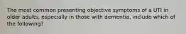 The most common presenting objective symptoms of a UTI in older adults, especially in those with dementia, include which of the following?