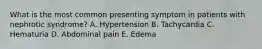 What is the most common presenting symptom in patients with nephrotic syndrome? A. Hypertension B. Tachycardia C. Hematuria D. Abdominal pain E. Edema