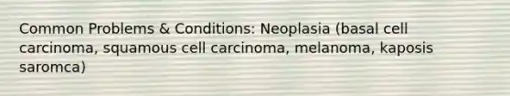 Common Problems & Conditions: Neoplasia (basal cell carcinoma, squamous cell carcinoma, melanoma, kaposis saromca)