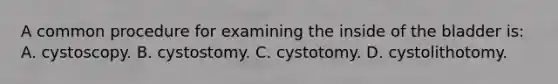 A common procedure for examining the inside of the bladder is: A. cystoscopy. B. cystostomy. C. cystotomy. D. cystolithotomy.