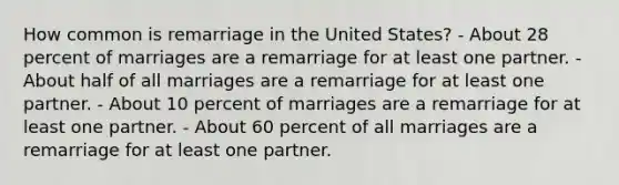 How common is remarriage in the United States? - About 28 percent of marriages are a remarriage for at least one partner. - About half of all marriages are a remarriage for at least one partner. - About 10 percent of marriages are a remarriage for at least one partner. - About 60 percent of all marriages are a remarriage for at least one partner.