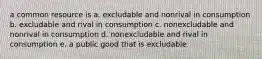 a common resource is a. excludable and nonrival in consumption b. excludable and rival in consumption c. nonexcludable and nonrival in consumption d. nonexcludable and rival in consumption e. a public good that is excludable