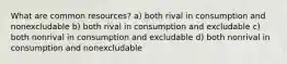 What are common resources? a) both rival in consumption and nonexcludable b) both rival in consumption and excludable c) both nonrival in consumption and excludable d) both nonrival in consumption and nonexcludable