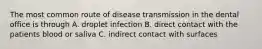 The most common route of disease transmission in the dental office is through A. droplet infection B. direct contact with the patients blood or saliva C. indirect contact with surfaces