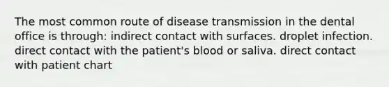 The most common route of disease transmission in the dental office is through: indirect contact with surfaces. droplet infection. direct contact with the patient's blood or saliva. direct contact with patient chart