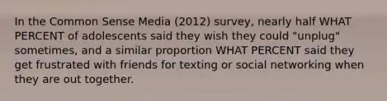 In the Common Sense Media (2012) survey, nearly half WHAT PERCENT of adolescents said they wish they could "unplug" sometimes, and a similar proportion WHAT PERCENT said they get frustrated with friends for texting or social networking when they are out together.