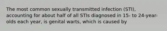 The most common sexually transmitted infection (STI), accounting for about half of all STIs diagnosed in 15- to 24-year-olds each year, is genital warts, which is caused by