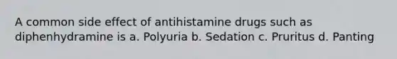 A common side effect of antihistamine drugs such as diphenhydramine is a. Polyuria b. Sedation c. Pruritus d. Panting