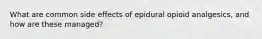 What are common side effects of epidural opioid analgesics, and how are these managed?