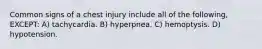 Common signs of a chest injury include all of the following, EXCEPT: A) tachycardia. B) hyperpnea. C) hemoptysis. D) hypotension.