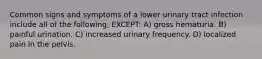 Common signs and symptoms of a lower urinary tract infection include all of the following, EXCEPT: A) gross hematuria. B) painful urination. C) increased urinary frequency. D) localized pain in the pelvis.