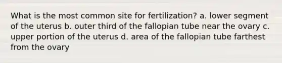 What is the most common site for fertilization? a. lower segment of the uterus b. outer third of the fallopian tube near the ovary c. upper portion of the uterus d. area of the fallopian tube farthest from the ovary