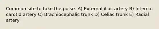 Common site to take the pulse. A) External iliac artery B) Internal carotid artery C) Brachiocephalic trunk D) Celiac trunk E) Radial artery