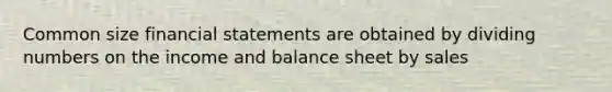 Common size <a href='https://www.questionai.com/knowledge/kFBJaQCz4b-financial-statements' class='anchor-knowledge'>financial statements</a> are obtained by dividing numbers on the income and balance sheet by sales