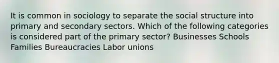 It is common in sociology to separate the social structure into primary and secondary sectors. Which of the following categories is considered part of the primary sector? Businesses Schools Families Bureaucracies Labor unions