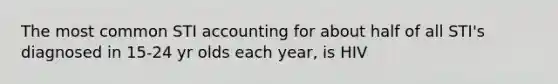 The most common STI accounting for about half of all STI's diagnosed in 15-24 yr olds each year, is HIV