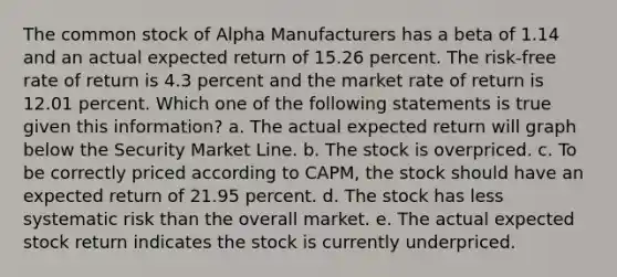 The common stock of Alpha Manufacturers has a beta of 1.14 and an actual expected return of 15.26 percent. The risk-free rate of return is 4.3 percent and the market rate of return is 12.01 percent. Which one of the following statements is true given this information? a. The actual expected return will graph below the Security Market Line. b. The stock is overpriced. c. To be correctly priced according to CAPM, the stock should have an expected return of 21.95 percent. d. The stock has less systematic risk than the overall market. e. The actual expected stock return indicates the stock is currently underpriced.