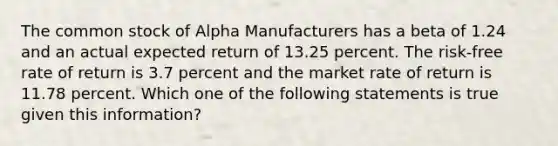 The common stock of Alpha Manufacturers has a beta of 1.24 and an actual expected return of 13.25 percent. The risk-free rate of return is 3.7 percent and the market rate of return is 11.78 percent. Which one of the following statements is true given this information?