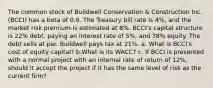 The common stock of Buildwell Conservation & Construction Inc. (BCCI) has a beta of 0.9. The Treasury bill rate is 4%, and the market risk premium is estimated at 8%. BCCI's capital structure is 22% debt, paying an interest rate of 5%, and 78% equity. The debt sells at par. Buildwell pays tax at 21%. a. What is BCCI's cost of equity capital? b.What is its WACC? c. If BCCI is presented with a normal project with an internal rate of return of 12%, should it accept the project if it has the same level of risk as the current firm?