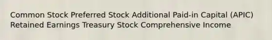 Common Stock Preferred Stock Additional Paid-in Capital (APIC) Retained Earnings Treasury Stock Comprehensive Income