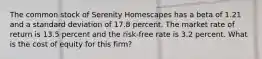 The common stock of Serenity Homescapes has a beta of 1.21 and a standard deviation of 17.8 percent. The market rate of return is 13.5 percent and the risk-free rate is 3.2 percent. What is the cost of equity for this firm?