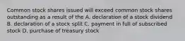 Common stock shares issued will exceed common stock shares outstanding as a result of the A. declaration of a stock dividend B. declaration of a stock split C. payment in full of subscribed stock D. purchase of treasury stock