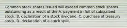 Common stock shares issued will exceed common stock shares outstanding as a result of the A. payment in full of subscribed stock. B. declaration of a stock dividend. C. purchase of treasury stock. D. declaration of a stock split.