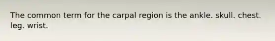 The common term for the carpal region is the ankle. skull. chest. leg. wrist.