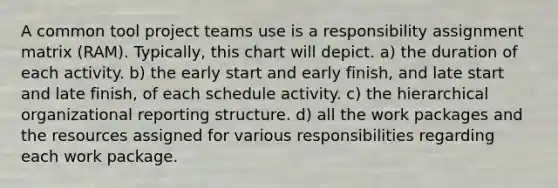 A common tool project teams use is a responsibility assignment matrix (RAM). Typically, this chart will depict. a) the duration of each activity. b) the early start and early finish, and late start and late finish, of each schedule activity. c) the hierarchical organizational reporting structure. d) all the work packages and the resources assigned for various responsibilities regarding each work package. ​