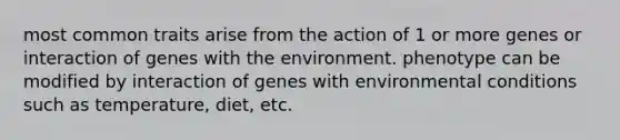 most common traits arise from the action of 1 or more genes or interaction of genes with the environment. phenotype can be modified by interaction of genes with environmental conditions such as temperature, diet, etc.