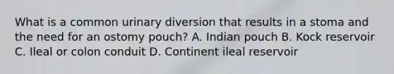 What is a common urinary diversion that results in a stoma and the need for an ostomy pouch? A. Indian pouch B. Kock reservoir C. Ileal or colon conduit D. Continent ileal reservoir