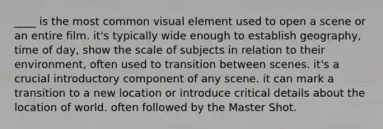 ____ is the most common visual element used to open a scene or an entire film. it's typically wide enough to establish geography, time of day, show the scale of subjects in relation to their environment, often used to transition between scenes. it's a crucial introductory component of any scene. it can mark a transition to a new location or introduce critical details about the location of world. often followed by the Master Shot.