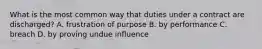 What is the most common way that duties under a contract are discharged? A. frustration of purpose B. by performance C. breach D. by proving undue influence