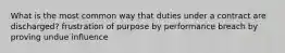 What is the most common way that duties under a contract are discharged? frustration of purpose by performance breach by proving undue influence