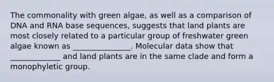 The commonality with green algae, as well as a comparison of DNA and RNA base sequences, suggests that land plants are most closely related to a particular group of freshwater green algae known as _______________. Molecular data show that _____________ and land plants are in the same clade and form a monophyletic group.