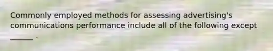 Commonly employed methods for assessing advertising's communications performance include all of the following except ______ .