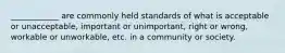 ____________ are commonly held standards of what is acceptable or unacceptable, important or unimportant, right or wrong, workable or unworkable, etc. in a community or society.