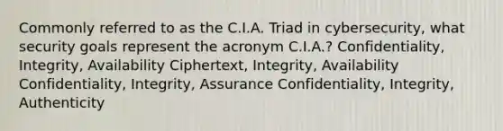 Commonly referred to as the C.I.A. Triad in cybersecurity, what security goals represent the acronym C.I.A.? Confidentiality, Integrity, Availability Ciphertext, Integrity, Availability Confidentiality, Integrity, Assurance Confidentiality, Integrity, Authenticity